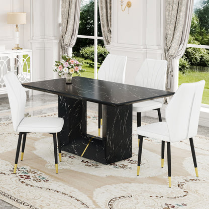 Table and chair set.Black Marble Pattern MDF Dining Set - 63'x35.4' with 4 White PU Chairs With a Widened Backrest Design.Giving you a luxurious feel.