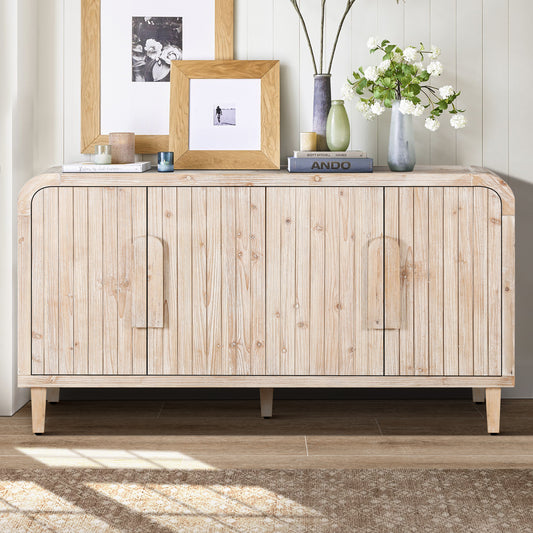 59'' Farmhouse Curved Vintage Storage Sideboard with Large Wooden Handles, Vertical Wood Grain Carving and Adjustable Shelves for Kitchen,Dining Room (Natural Wood Washed)