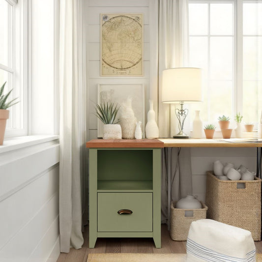 22 inch One Drawer File, No Assembly Required - Sage Green and Fruitwood Finish