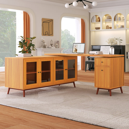 66.5' Modern L-shaped Executive Desk with delicate tempered glass Cabinet Storage,Large Office Desk with Drawers,Business Furniture Desk Workstation for Home Office,Teak
