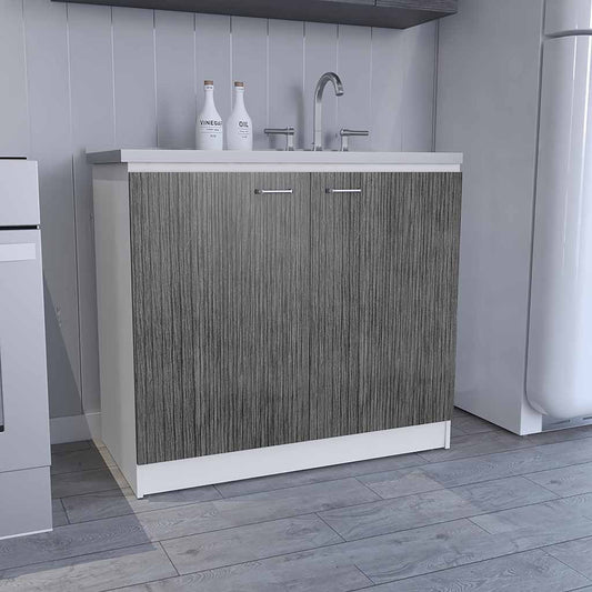 Napoles Utility Sink with Cabinet, One Shelf, Double Door Cabinet -White / Smokey Oak