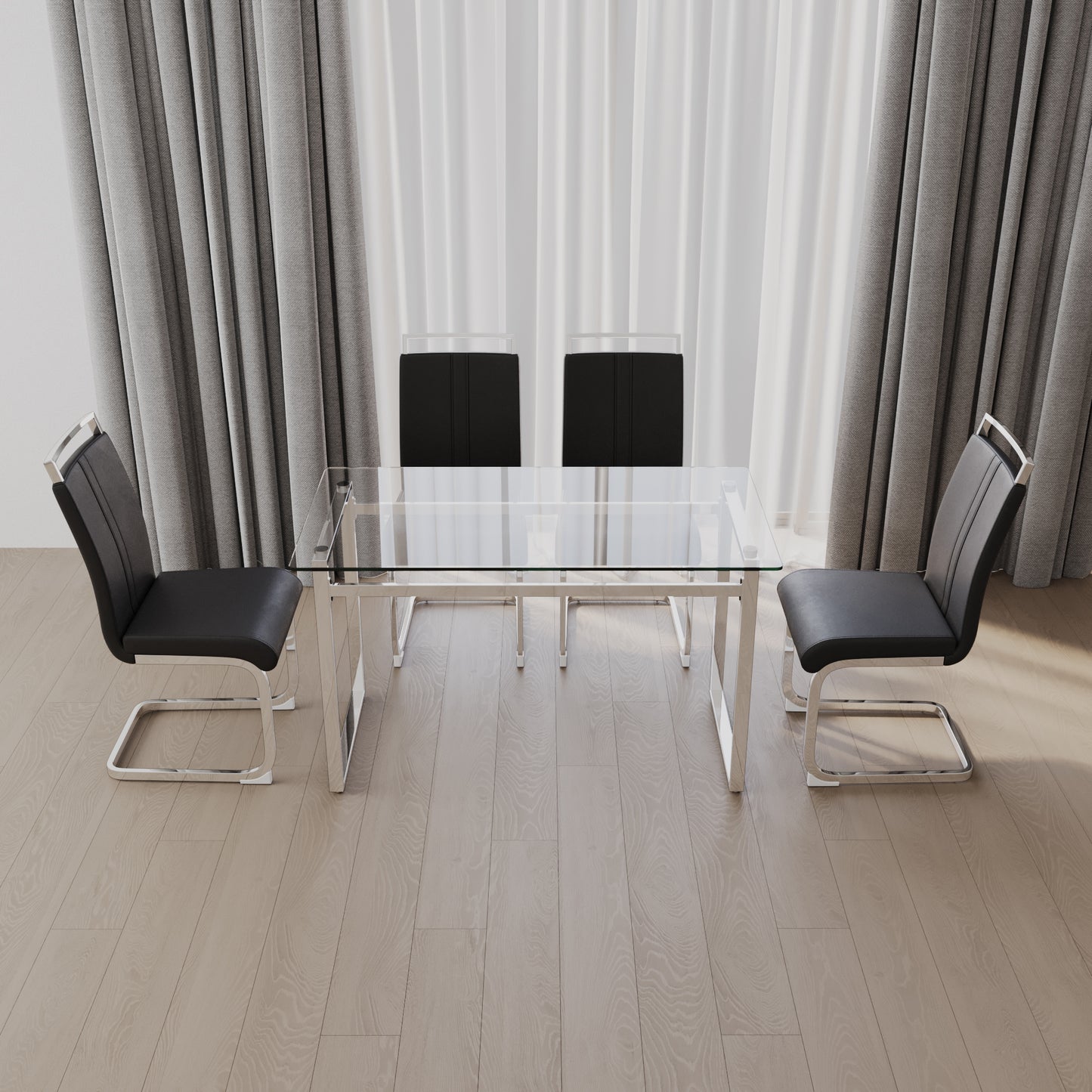 51 inch Glass Dining Table Set for 4, Dining Table & Chair Sets with Silver Plating Legs for Kitchen, Modern Rectangle Tempered Glass Table Top and  PU Dining  armless Chair for Dining Room