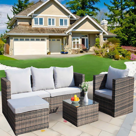 Outdoor Garden Patio Furniture 4-Piece PE Rattan Wicker Cushioned Sofa Sets and Coffee Table, patio furniture set;outdoor couch(shallow Grey Cushion)
