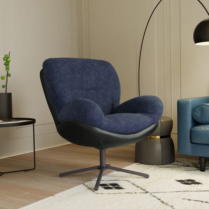 360° Swivel Office Chair, Modern Chenille Chair with Faux Leather and Black Metal Base Frame, No Wheels, Accent Chair for Small Spaces, Living Room, Bedroom, Reading Corner, Office, Dark Blue