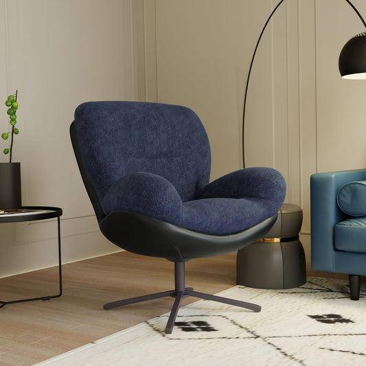 360° Swivel Office Chair, Modern Chenille Chair with Faux Leather and Black Metal Base Frame, No Wheels, Accent Chair for Small Spaces, Living Room, Bedroom, Reading Corner, Office, Dark Blue