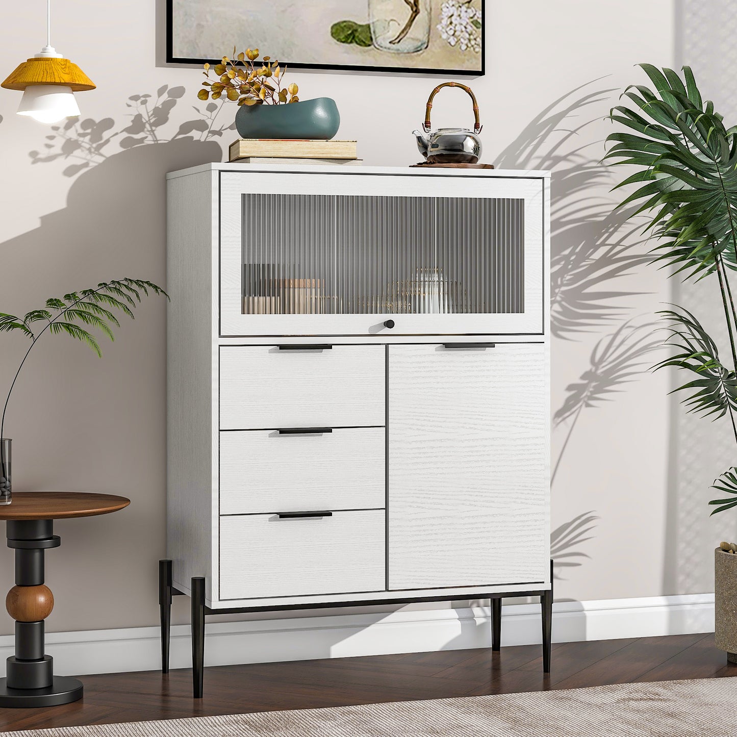 Sideboard with 3 Drawers ,1 door and 1 glass Door Wood Cabinet with Storage for Kitchen, Dining Room, Hallway 33.46' x 15.74' x 47.2'