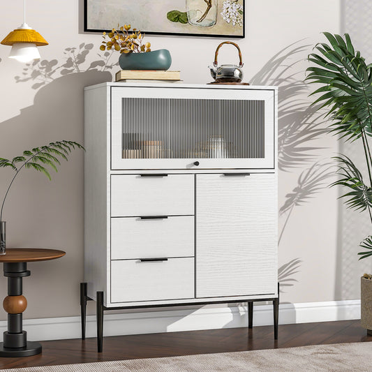 Sideboard with 3 Drawers ,1 door and 1 glass Door Wood Cabinet with Storage for Kitchen, Dining Room, Hallway 33.46' x 15.74' x 47.2'