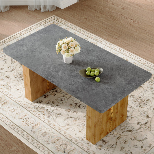 Large modern rectangular table with cement-grey patterned top and large MDF legs for kitchen, dining and living room to give a different atmosphere to the home environment.