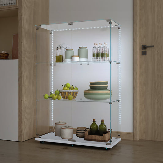 Tempered Glass Display Cabinet,Wine Cabinet, Storage Cabinet,File Cabinet, Tempered Glass Top,Bluetooth LED Light Strip,with Door Lock,suitable for Living Room, Bedroom,Hallway,Office,color:white