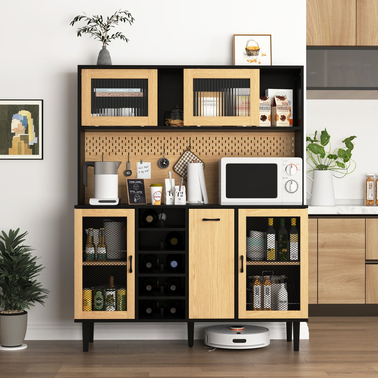 59' H Buffet Sideboard Cabinet with Storage Door & Power Outlet, Farmhouse Coffee Bar Cabinet with Wine Rack, Kitchen Pantry Living Room Black&Natural