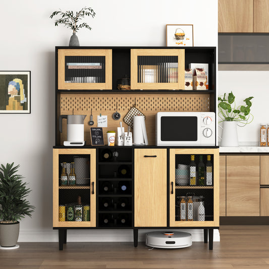 59' H Buffet Sideboard Cabinet with Storage Door & Power Outlet, Farmhouse Coffee Bar Cabinet with Wine Rack, Kitchen Pantry Living Room Black&Natural