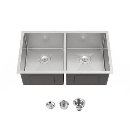 33'x19' Embedded Double Bowl Kitchen Sink, Undermount Handmade Sink in Brushed (Sink only)