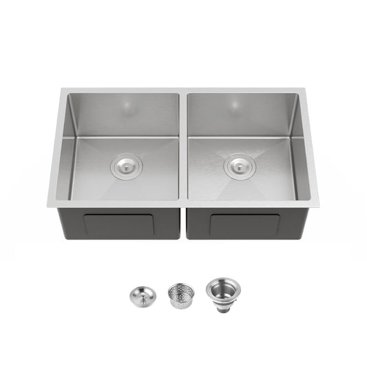 33'x19' Embedded Double Bowl Kitchen Sink, Undermount Handmade Sink in Brushed (Sink only)