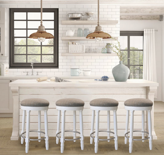 AGODY Bar Stools Set of 2, 26' Counter Height, 360° Swivel Wooden Barstool with Fabric Upholstered Seat, WHITE Finish, Stylish Accent for Kitchen, Dining, and Living Room