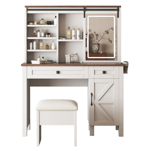 Farmhouse Makeup Vanity Desk with Sliding Mirror, LED Lights, and Storage - White Glass, Metal, and Wood Construction