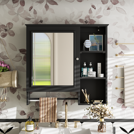 Wall Mounted Bathroom Storage Cabinet, Medicine Cabinets with large mirror door, adjustable shelves and three open storage levels(Not Include Bathroom Vanity )
