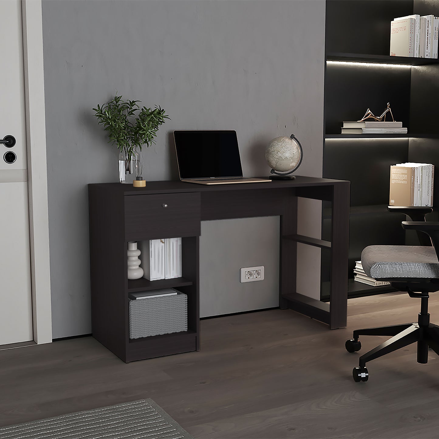 120-Home  47' Wide One Drawer Desk , Four Shelves, Writting Desk, Gamer Desk, Home Office, Living Room Black