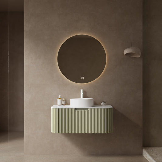 DINA 36' Bathroom Vanity with Sink, Modern Wall-Mounted Floating Curved Edges Striped Bathroom Storage Cabinet with a Drawer, White Round Ceramic Basin without Faucet, Pre-assembled, Light Green Color