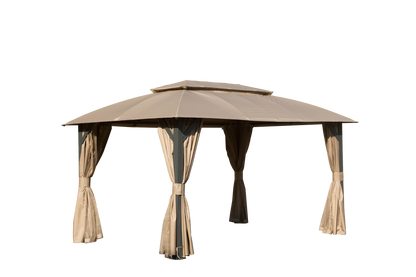 Gazebo 10x14FT, Outdoor Gazebo with Double Roofs, Privacy Curtains, Mosquito Nettings, Heavy Duty Metal Frame Party Tent Canopy for Patio, Backyard, Deck, Lawn, Brown