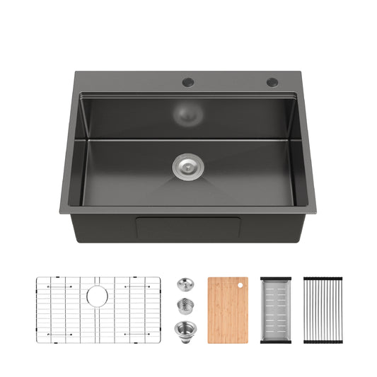 Stainless Steel Kitchen Sink, 30″x22″ Single Bowl, Overmount Handmade Sink in Black, with Cutting Board, Colander, Grid, SS-BR-08