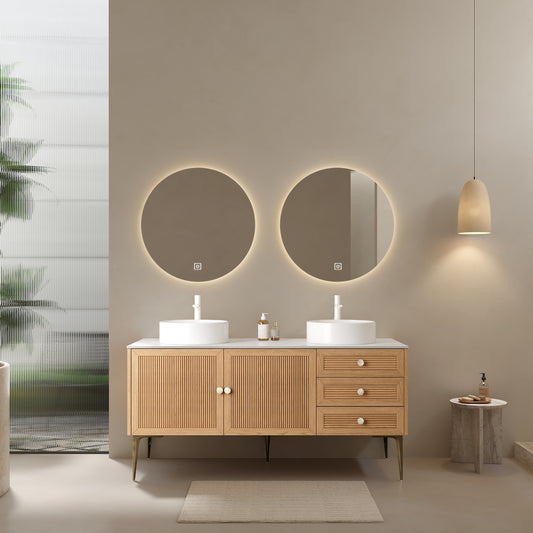 MUNIN 60' Bathroom Vanity with 2 Sinks, Freestanding Plywood Storage Cabinet with 5 Metal Legs, 3 Drawers and 2 Doors, White Ceramic Basin without Faucet, Pre-assembled, Oak Woodgrain Color