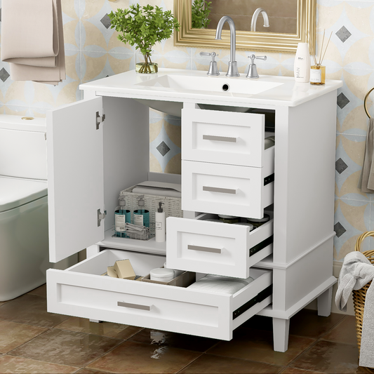 30' Bathroom Vanity , Modern Bathroom Cabinet with Sink Combo Set, Bathroom Storage Cabinet with a Soft Closing Door and 3 Drawers, Solid Wood Frame(White)