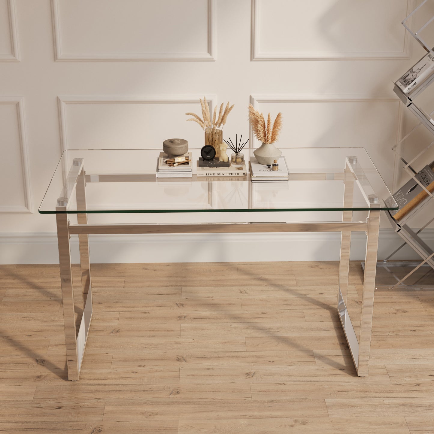 51' Modern Minimalist Rectangular Glass Dining Table for 4-6 with 0.31' Tempered Glass Tabletop and Silver Chrome Metal Legs, Writing Table Desk, for Kitchen Dining Living Room (0 damage)