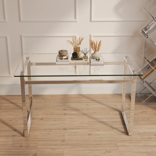 51' Modern Minimalist Rectangular Glass Dining Table for 4-6 with 0.31' Tempered Glass Tabletop and Silver Chrome Metal Legs, Writing Table Desk, for Kitchen Dining Living Room (0 damage)
