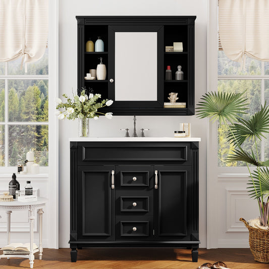 36'' Bathroom Vanity with Top Sink, Black Mirror Cabinet, Modern Bathroom Storage Cabinet with 2 Soft Closing Doors and 2 Drawers, Single Sink Bathroom Vanity