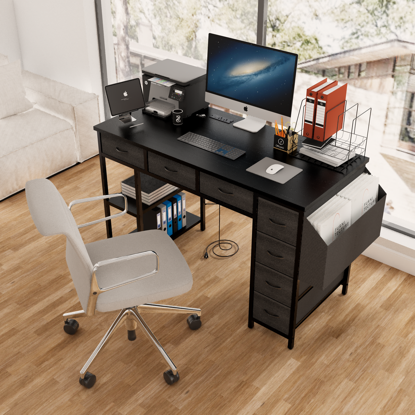 47.3' Computer Desk with 7 Drawers, Extra Large Side Pocket, and Power Outlets – Ideal for Home Office, Study, or Gaming –  Black
