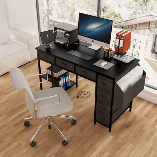 47.3' Computer Desk with 7 Drawers, Extra Large Side Pocket, and Power Outlets – Ideal for Home Office, Study, or Gaming –  Black