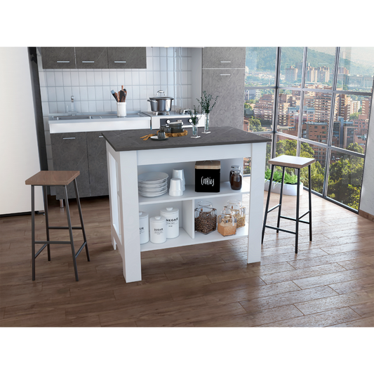 Kitchen Island, kitchen table 35' H, Four Legs, Three Open Storage  Shelves, White / Onix