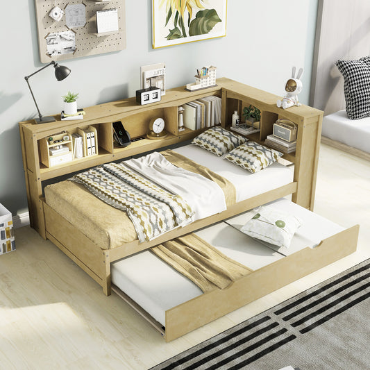 Twin Size Daybed with Trundle, Storage Cabinets and USB Ports, Wood Color