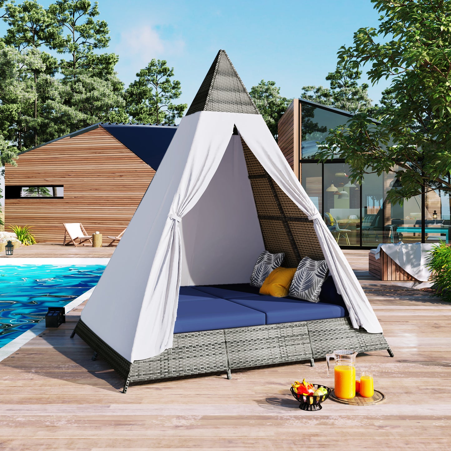 GO 90.5' Length Outdoor Sunbed With Colorful Pillows, Wicker Patio Daybed With Cushions, Tent Shape, Gray And Blue