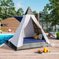 GO 90.5' Length Outdoor Sunbed With Colorful Pillows, Wicker Patio Daybed With Cushions, Tent Shape, Gray And Blue