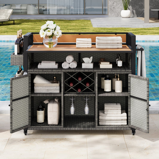 K&K 52.8'W Wicker Outdoor Grill Cart with Extended Plastic Wood Table Top, Rolling Kitchen Island on Wheels with Storage Cabinet, for Patio Backyard Garden Poolside, Double Handle Design, Grey