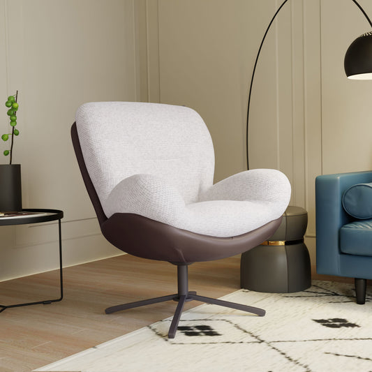 360° Swivel Office Chair, Modern Chenille Chair with Faux Leather and Black Metal Base Frame, No Wheels, Accent Chair for Small Spaces, Living Room, Bedroom, Reading Corner, Office (White)