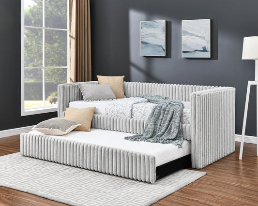 Beautiful 1pc Modern Daybed Tufted Plush Channel Tufting Upholstery Armrest Pull Out Trundle Bedroom Living Room Furniture Light Gray Finish