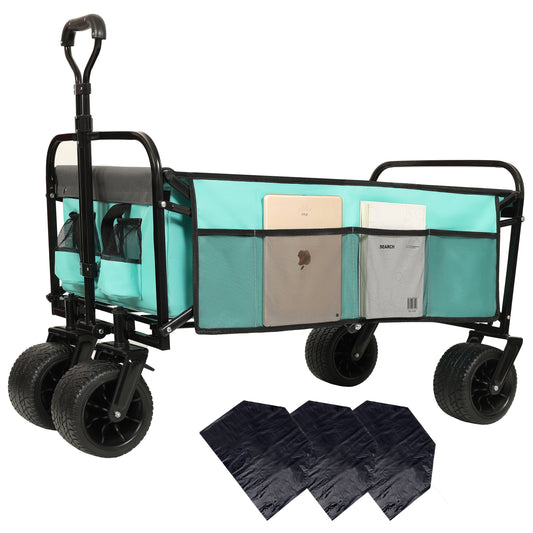 440lbs Collapsible Foldable Wagon Cart with strapping system ,Beach Wagon Utility Cart Utility Wagon Grocery Cart for  Camping Shopping Sports Gardening Fishing Supports  3pcs plastic Liner bag Blue
