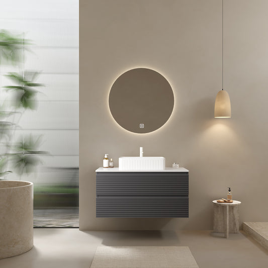 VEDO 36' Bathroom Vanity with Vessel Sink, Wall-Mounted Floating Plywood Striped Bathroom Storage Cabinet with 2 Drawers, White Ceramic Basin and Carrara White Countertop, without Faucet, Gray Color