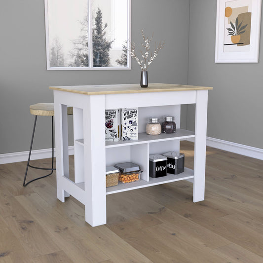 Kitchen Island, kitchen table 35' H, Four Legs, Three Open Storage  Shelves, White / Light Oak