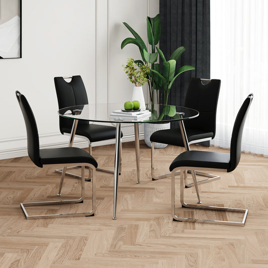Modern simple round glass dining table, solid tempered glass tabletop, electroplated table legs, Black PU dining chair set, suitable for restaurant kitchen use (set of 5)