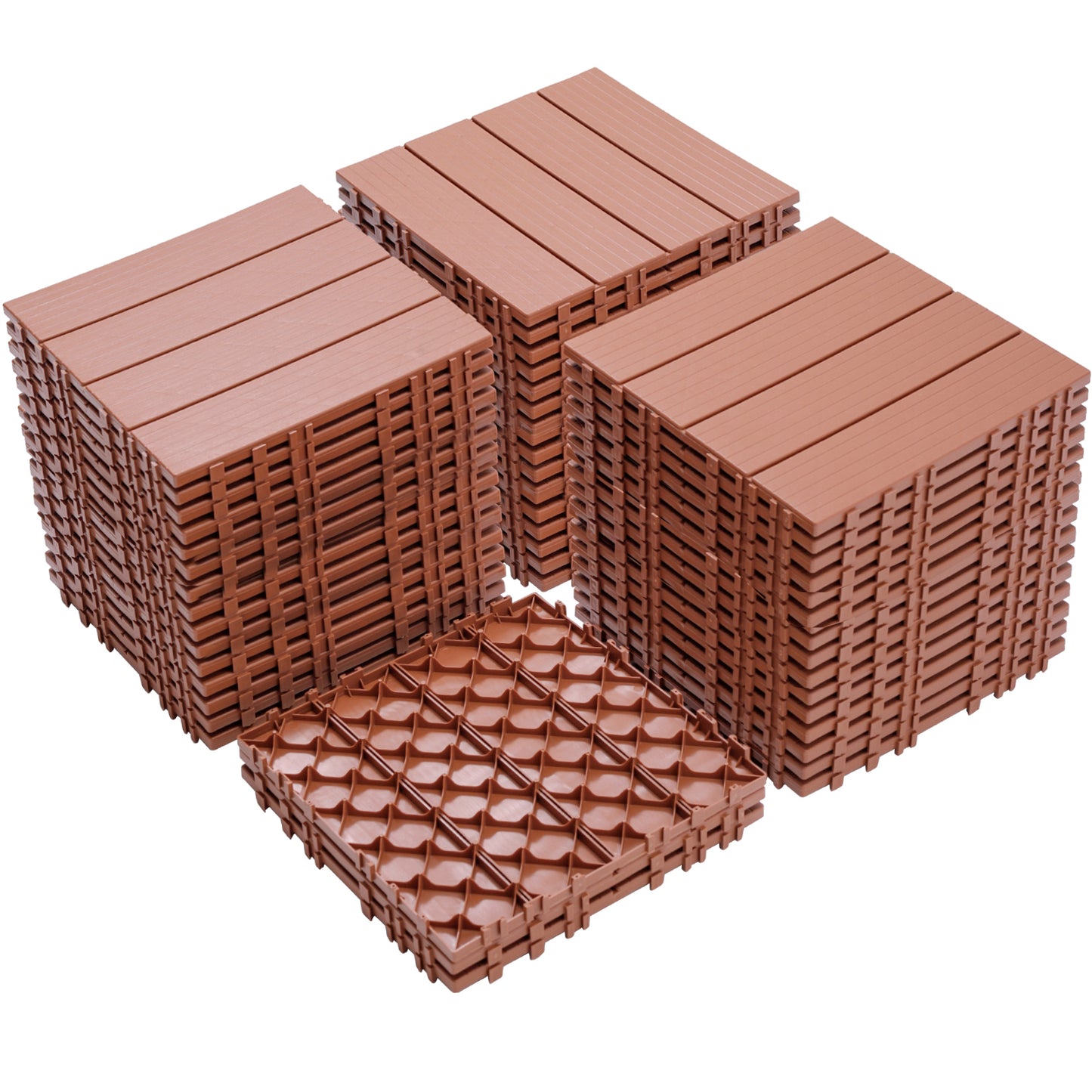 Plastic Interlocking Deck Tiles, 12.00'x12.00'(Pack of 44 ), Patio Flooring Outdoor Waterproof All Weather Use for Garden Poolside Front/Back Yard, Mahogany Colour
