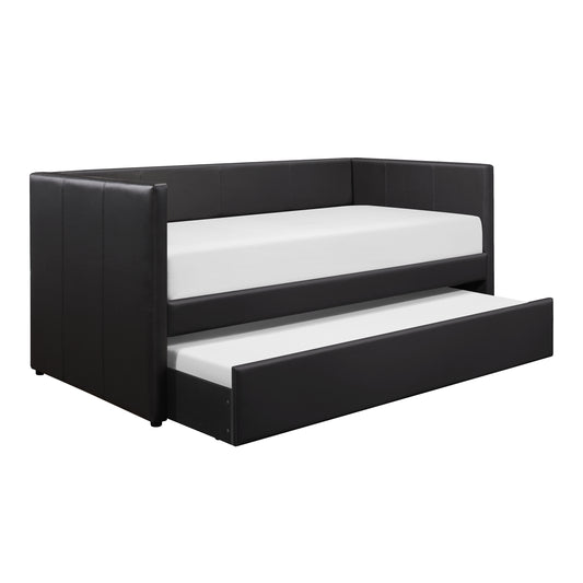 Black Faux Leather Upholstered Contemporary Daybed with Trundle Wooden Furniture 1pc