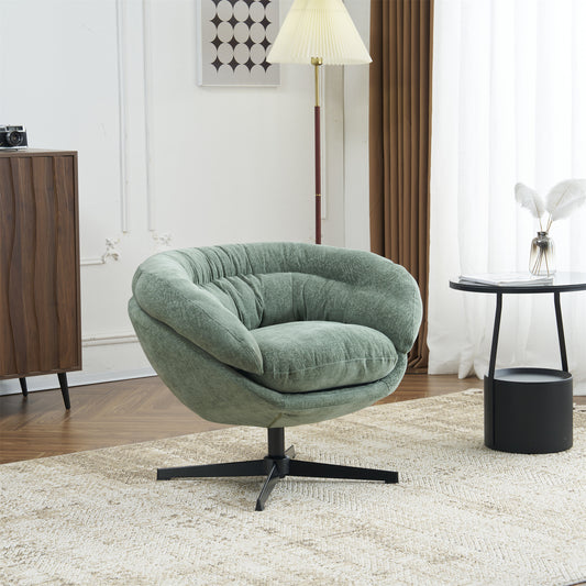 Modern Chenille Office Chair, 360° Swivel Club Chair/Accent Chair with Removable Cushion, Round Office Chair, Black Metal Base, Cotton Material, Living Room, Bedroom, Reading Corner, Office (Green)