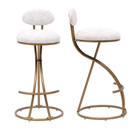Modern Gold S-shaped Bar Stools Set of 2 with Backrest Floral Print Upholstered Dining Chairs Counter Height for Kitchen Island