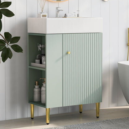21.6' Green Bathroom vanity, Combo Cabinet, Bathroom Storage Cabinet, Single Ceramic Sink, Left side storage