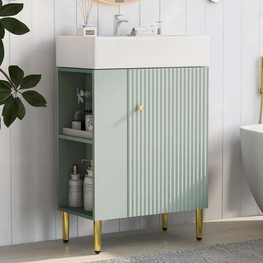 21.6' Green Bathroom vanity, Combo Cabinet, Bathroom Storage Cabinet, Single Ceramic Sink, Left side storage