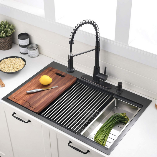 36 Inch Gunmetal Black Drop in Workstation kithchen Sink -36 'x 22' 16 Gauge Topmount Drop in Single Bowl Stainless Steel Kitchen Sink with Accessories