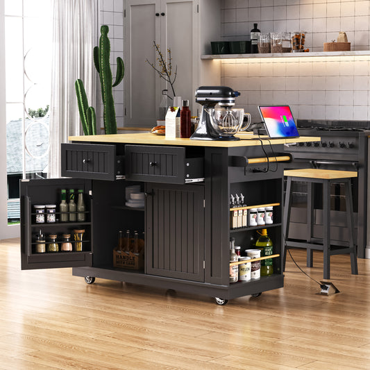 K&K 48 inch Large Kitchen Island with Drop Leaf,Power Outlet,Internal Storage Rack,Rolling Kitchen Storage Cart on 5 Wheels with 5 Open Side Racks,for Kitchen,Dining Room,Black(Not Include Stools)